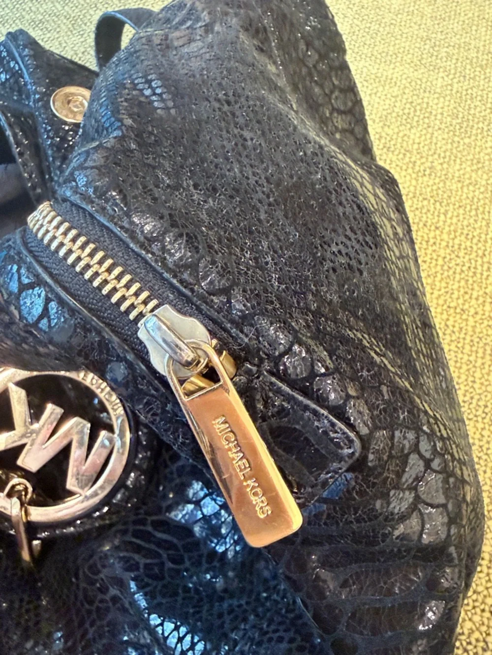 *Michael Kors Black Glossy Shimmery Snakeskin-Texture Shoulder Bag - Picture 8 of 11